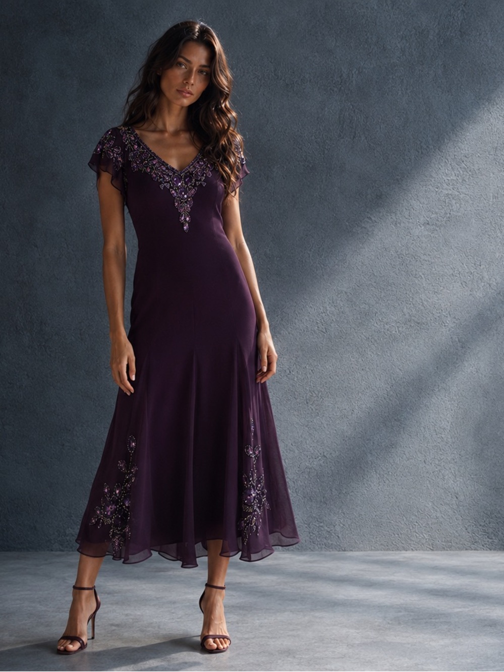 Embellished Plum V-Neck Women’s Dress